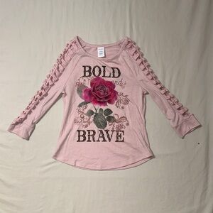Bold Brave Flower Top Girls 10-12 Pink Long Sleeve Shirt Cold Shoulder Medium